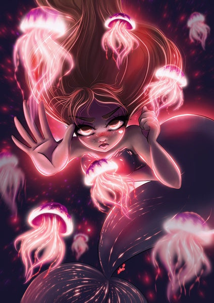 FINE ART PRINT Hand Signed Jellyfish Mermaid A4 Giclée Print
